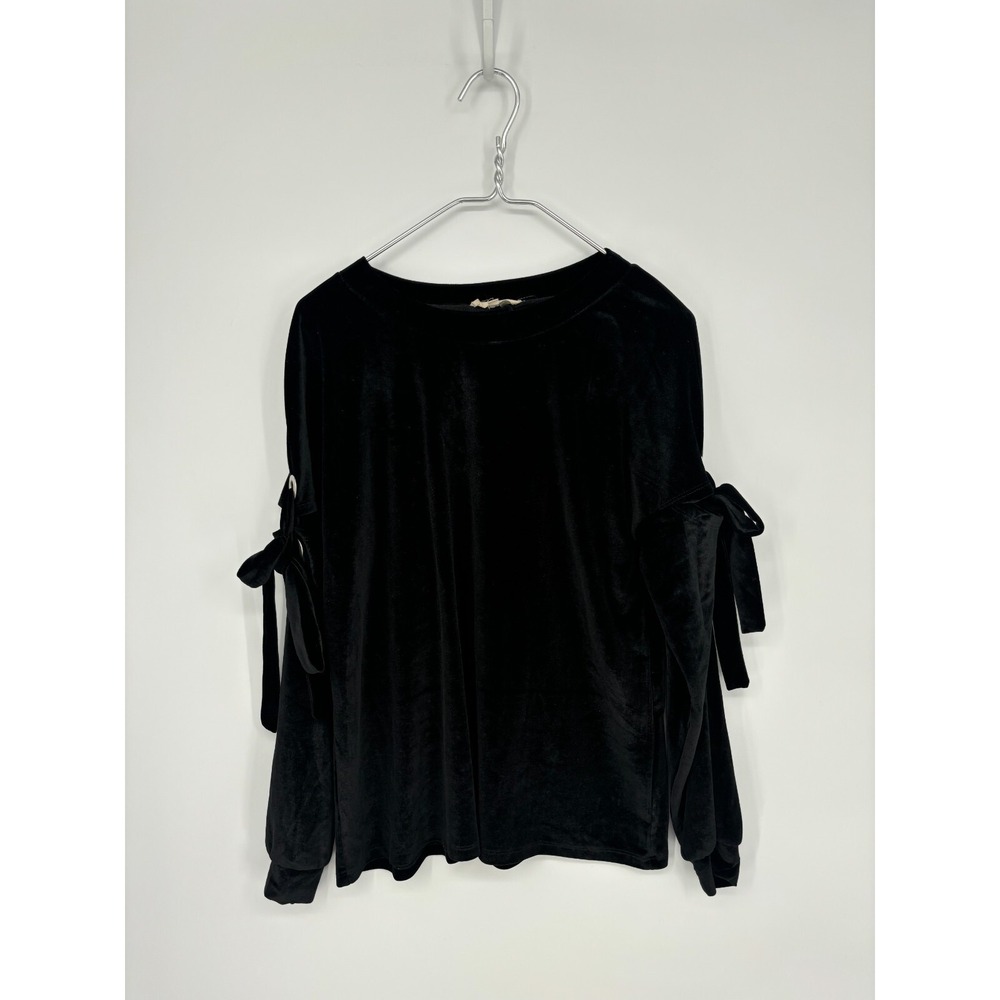 Entro Blouse Small Black Velvet Open Top Arm Bows Ties Long Sleeve Shirt